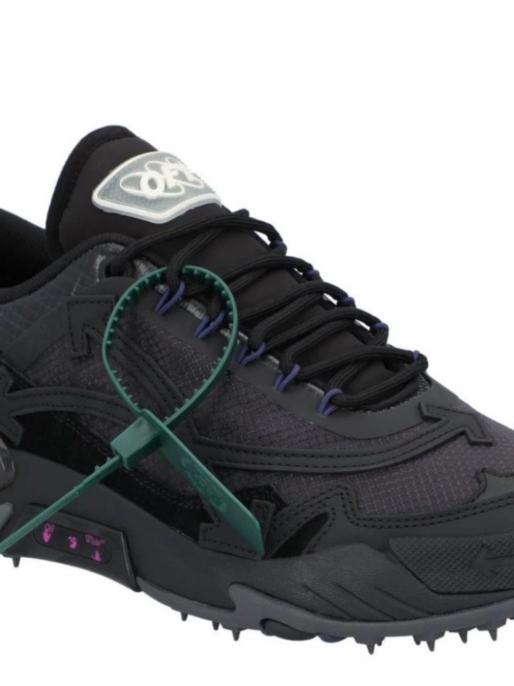 Off-White Black Sneaker with Green Zip Tie and Purple Eyelets